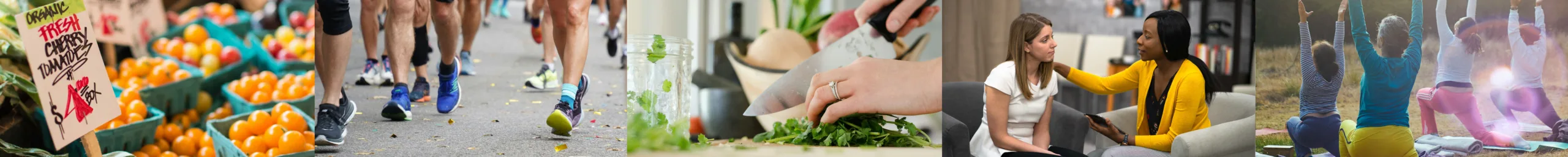 web banner showing images of healthy people exercising, eating well, and not smoking